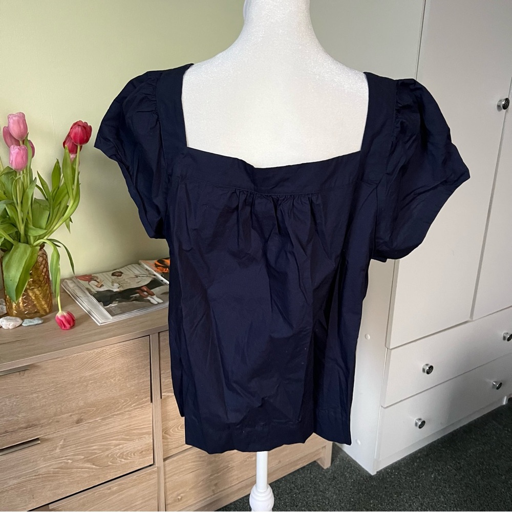J CREW Navy Blue 100% Cotton Square-Neck Button Puff Cap Sleeve Poplin Blouse XL - Picture 7 of 16